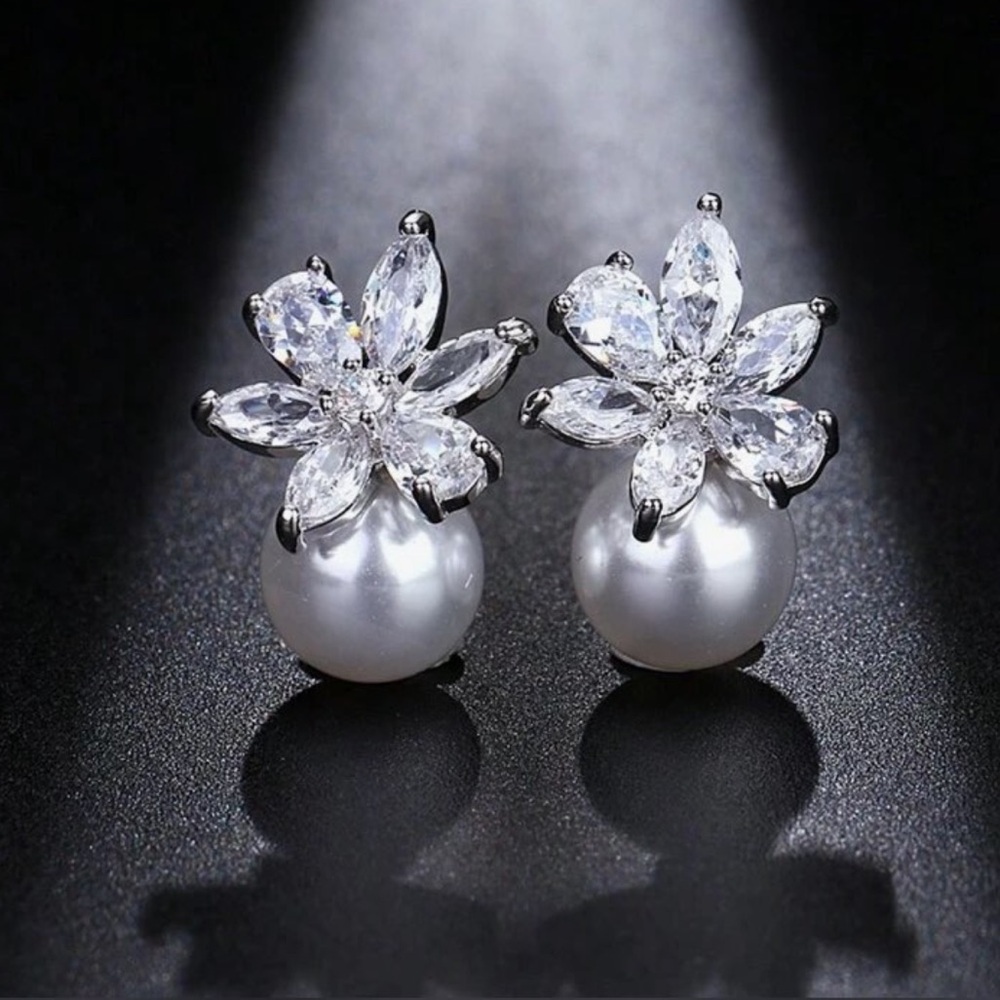 Crystal Flower & White Faux Pearl Stud, Bridal, Wedding, Luxury Earrings
